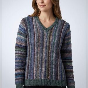 Hand Made Striped V-Neck Knit Sweater Size Medium Multi Color